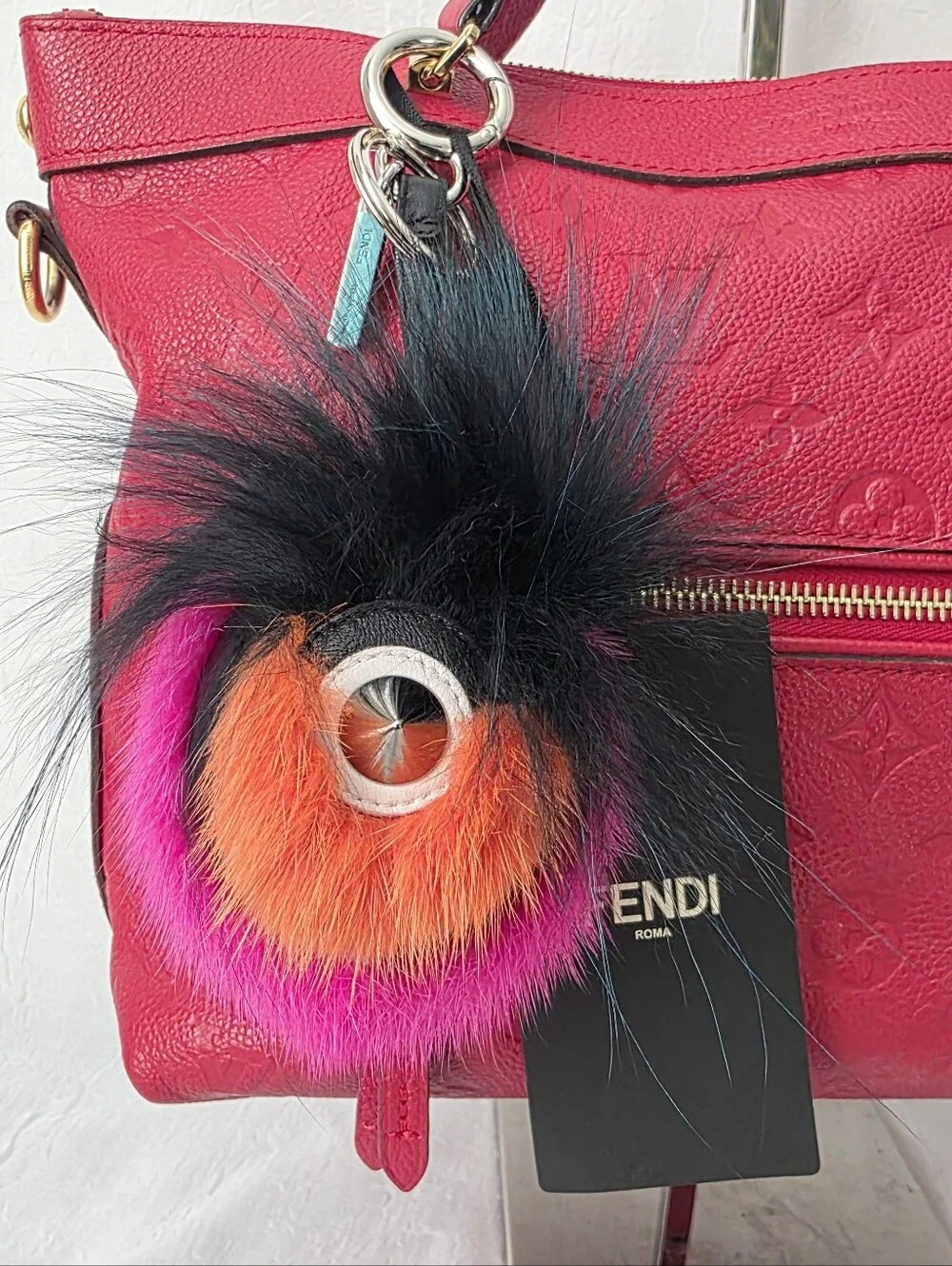 Auth Fendi Fur Monster Eye Pom Bag/Key Charm